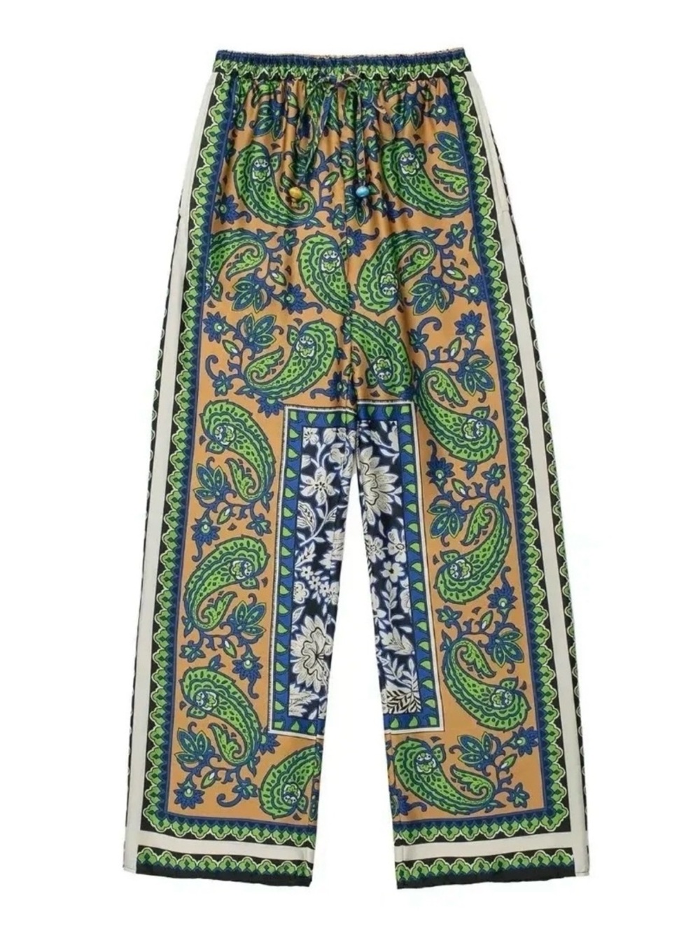 Zara Green and Gold Paisley Wide-Leg Satin Pants - Picture 2 of 8